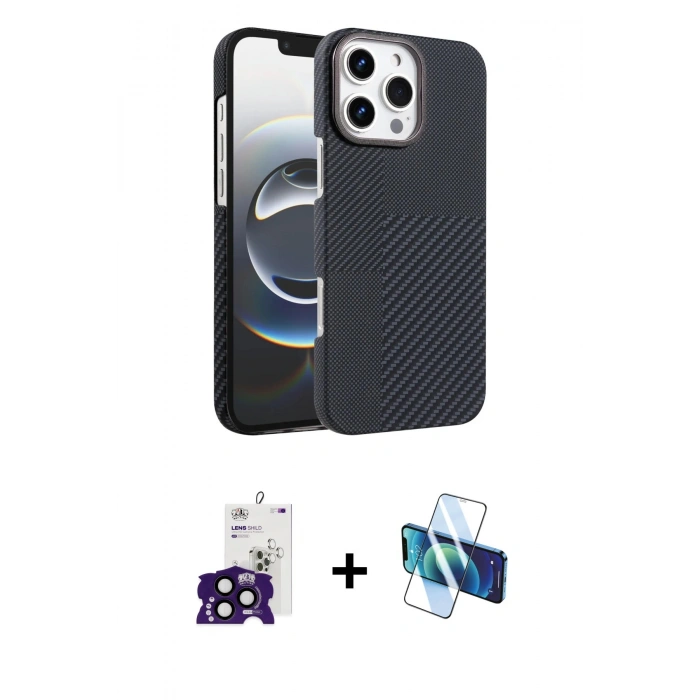 MARSİLYAN™- iPhone 16 Pro Max Kılıf Doruk Serisi - Siyah 3D Antistatik Seramik Nano Ekran Koruyucu + Bilvis Titan Kamera Lens - SH