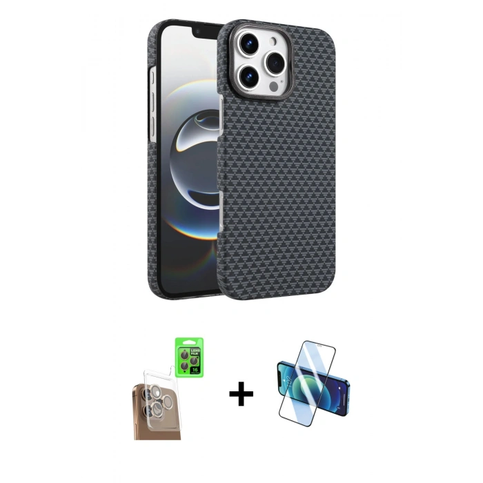 MARSİLYAN™- iPhone 16 Pro Max Kılıf Doruk Serisi - Siyah 3D Antistatik Seramik Nano Ekran Koruyucu + Raze Metal Kamera Lens - CLTM