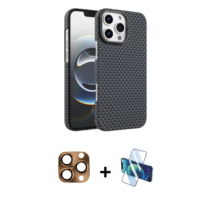 MARSİLYAN™- iPhone 16 Pro Max Kılıf Doruk Serisi - Siyah 3D Antistatik Seramik Nano Ekran Koruyucu + Pers Alüminyum Kamera Lens - CLTM