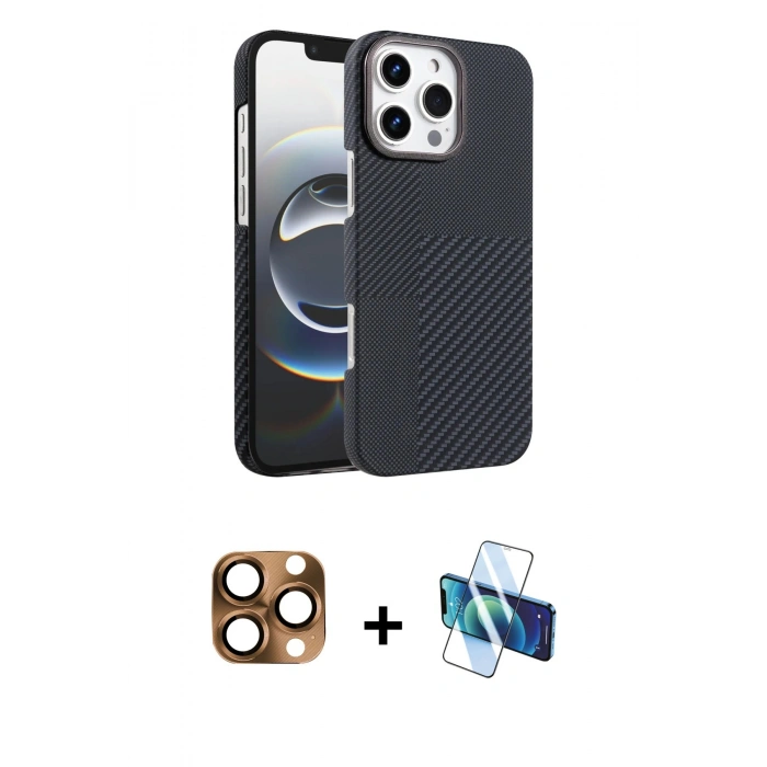 MARSİLYAN™- iPhone 16 Pro Max Kılıf Doruk Serisi - Siyah 3D Antistatik Seramik Nano Ekran Koruyucu + Pers Alüminyum Kamera Lens - CLTM