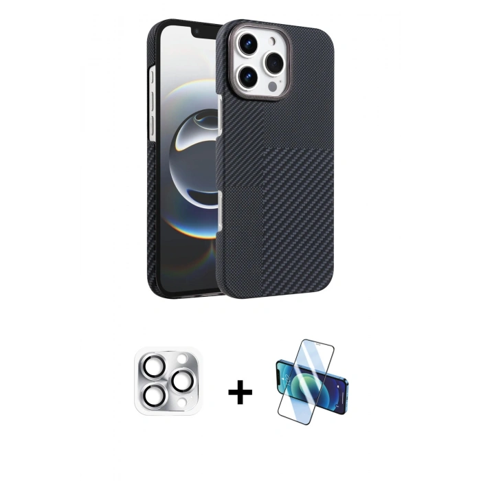 MARSİLYAN™- iPhone 16 Pro Max Kılıf Doruk Serisi - Siyah 3D Antistatik Seramik Nano Ekran Koruyucu + Pers Alüminyum Kamera Lens - GS