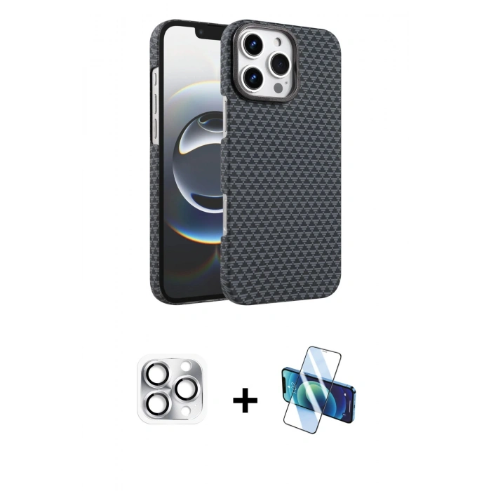 MARSİLYAN™- iPhone 16 Pro Max Kılıf Doruk Serisi - Siyah 3D Antistatik Seramik Nano Ekran Koruyucu + Pers Alüminyum Kamera Lens - GS