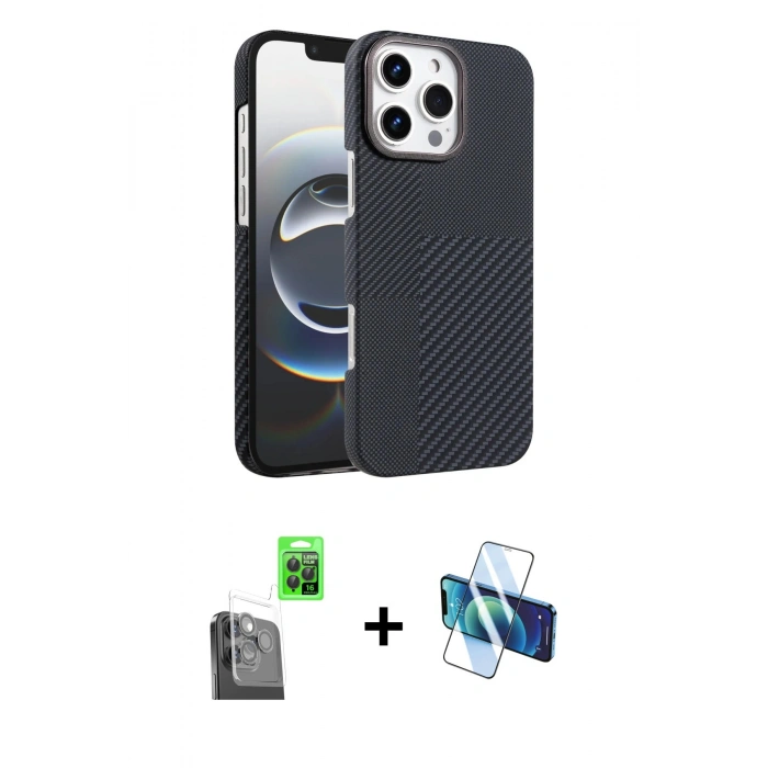 MARSİLYAN™- iPhone 16 Pro Max Kılıf Doruk Serisi - Siyah 3D Antistatik Seramik Nano Ekran Koruyucu + Raze Metal Kamera Lens - SH