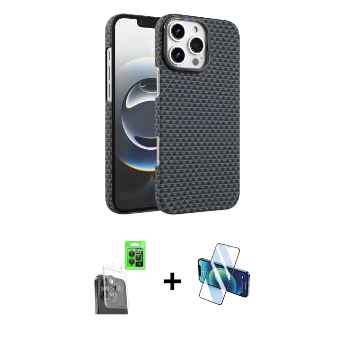 MARSİLYAN™- iPhone 16 Pro Max Kılıf Doruk Serisi - Siyah 3D Antistatik Seramik Nano Ekran Koruyucu + Raze Metal Kamera Lens - SH