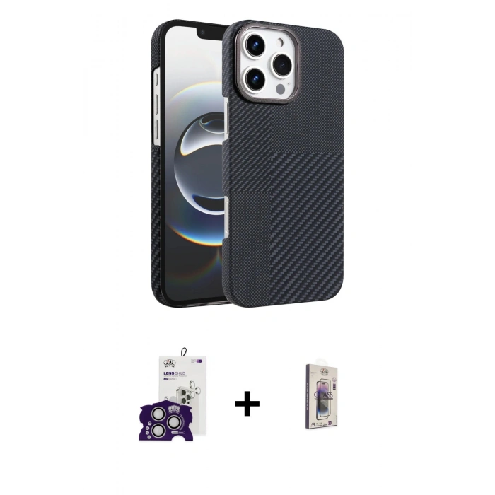 MARSİLYAN™- iPhone 16 Pro Max Kılıf Doruk Serisi - Siyah Bilvis 3D Cam Ekran Koruyucu + Bilvis Titan Kamera Lens - GS