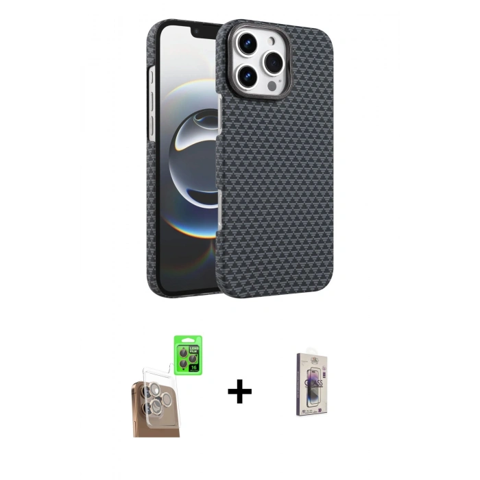 MARSİLYAN™- iPhone 16 Pro Max Kılıf Doruk Serisi - Siyah Bilvis 3D Cam Ekran Koruyucu + Raze Metal Kamera Lens - CLTM