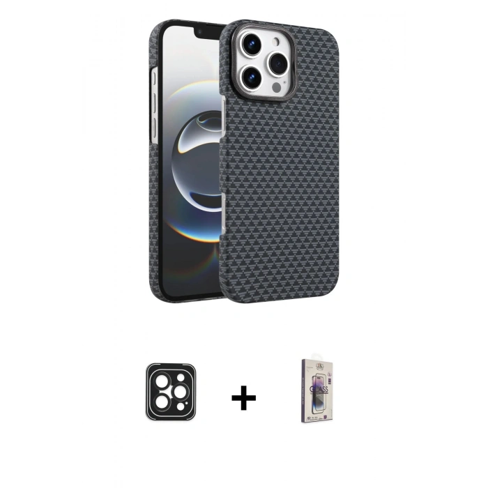 MARSİLYAN™- iPhone 16 Pro Max Kılıf Doruk Serisi - Siyah Bilvis 3D Cam Ekran Koruyucu + PVD Metal Kamera Lens - SH