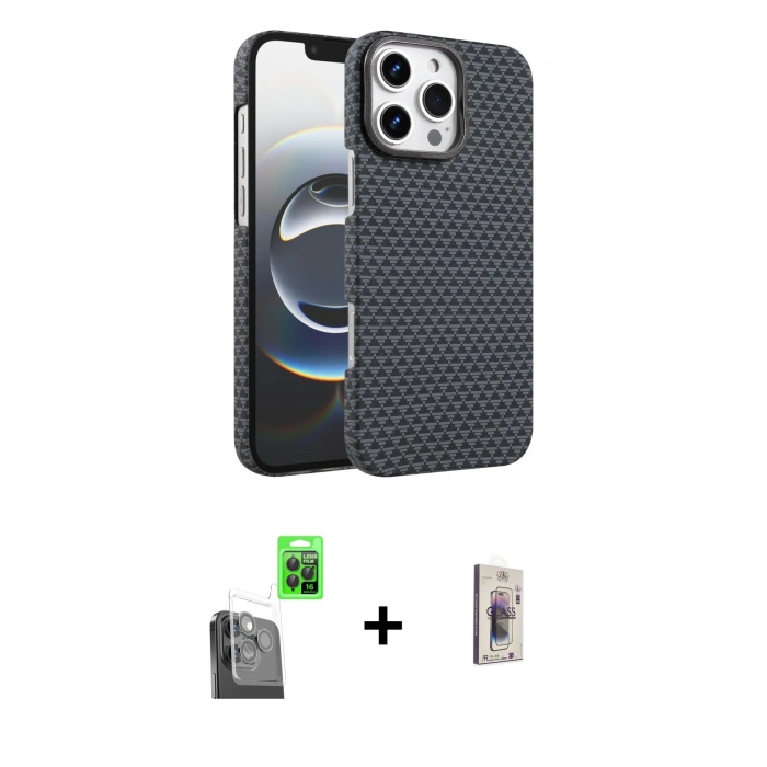 MARSİLYAN™- iPhone 16 Pro Max Kılıf Doruk Serisi - Siyah Bilvis 3D Cam Ekran Koruyucu + Raze Metal Kamera Lens - SH