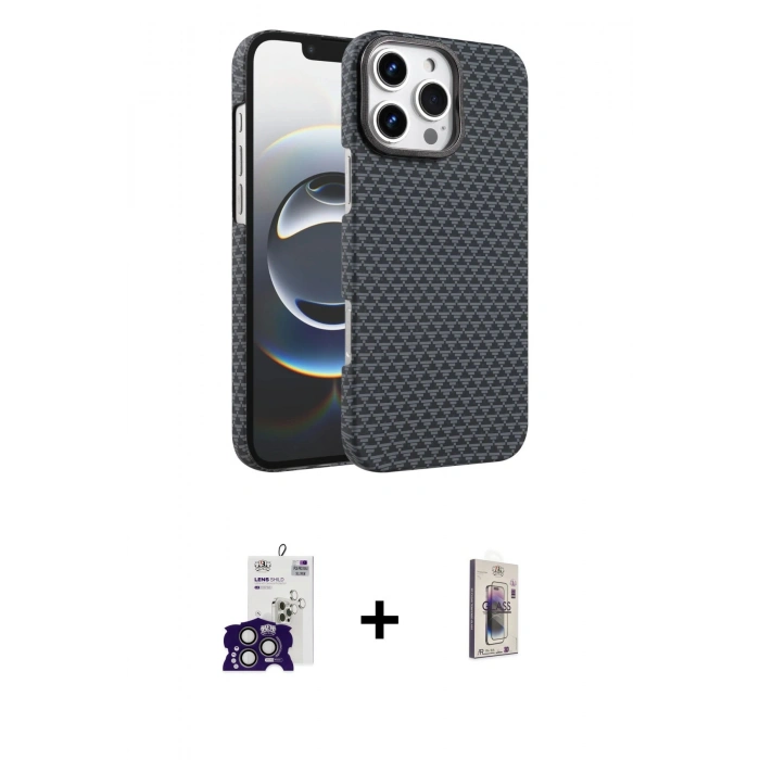 MARSİLYAN™- iPhone 16 Pro Max Kılıf Doruk Serisi - Siyah Bilvis 3D Cam Ekran Koruyucu + Bilvis Titan Kamera Lens - TMGI