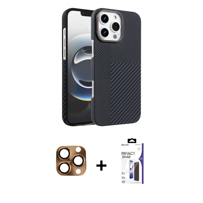 MARSİLYAN™- iPhone 16 Pro Max Kılıf Doruk Serisi - Siyah Bilvis 3X AR Hayalet Cam Ekran Koruyucu + Pers Alüminyum Kamera Lens - CLTM