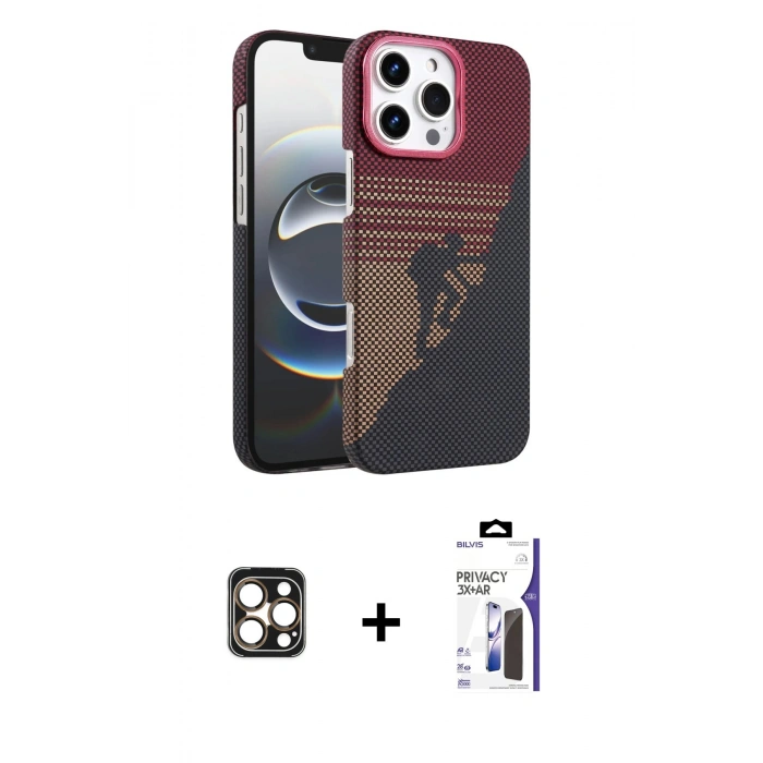 MARSİLYAN™- iPhone 16 Pro Max Kılıf Doruk Serisi - Siyah Bilvis 3X AR Hayalet Cam Ekran Koruyucu + PVD Metal Kamera Lens - GD