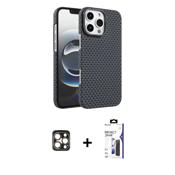 MARSİLYAN™- iPhone 16 Pro Max Kılıf Doruk Serisi - Siyah Bilvis 3X AR Hayalet Cam Ekran Koruyucu + PVD Metal Kamera Lens - GD