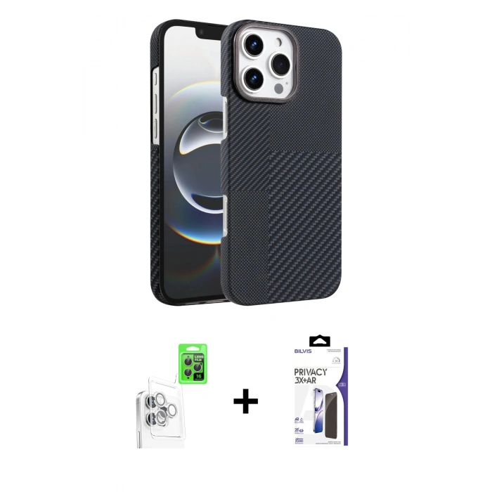 MARSİLYAN™- iPhone 16 Pro Max Kılıf Doruk Serisi - Siyah Bilvis 3X AR Hayalet Cam Ekran Koruyucu + Raze Metal Kamera Lens - BZ