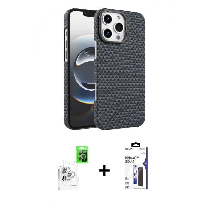 MARSİLYAN™- iPhone 16 Pro Max Kılıf Doruk Serisi - Siyah Bilvis 3X AR Hayalet Cam Ekran Koruyucu + Raze Metal Kamera Lens - BZ