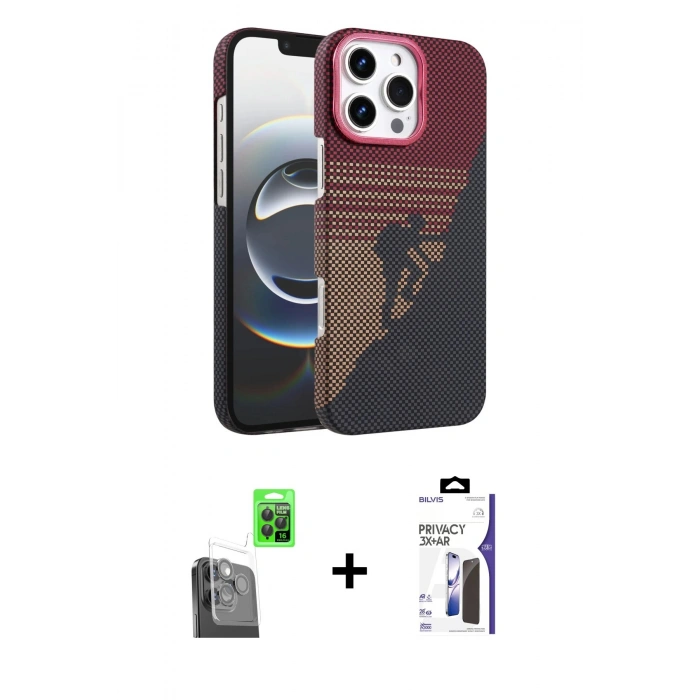 MARSİLYAN™- iPhone 16 Pro Max Kılıf Doruk Serisi - Siyah Bilvis 3X AR Hayalet Cam Ekran Koruyucu + Raze Metal Kamera Lens - SH