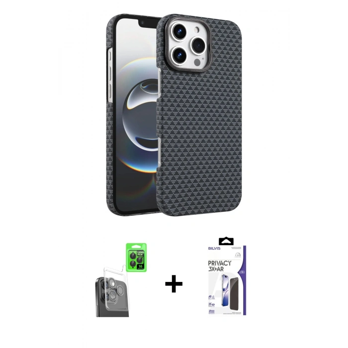 MARSİLYAN™- iPhone 16 Pro Max Kılıf Doruk Serisi - Siyah Bilvis 3X AR Hayalet Cam Ekran Koruyucu + Raze Metal Kamera Lens - SH