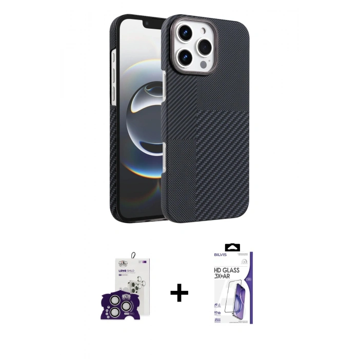 MARSİLYAN™- iPhone 16 Pro Max Kılıf Doruk Serisi - Siyah Bilvis 3X AR HD Cam Ekran Koruyucu + Bilvis Titan Kamera Lens - GS