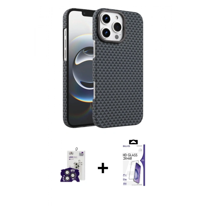 MARSİLYAN™- iPhone 16 Pro Max Kılıf Doruk Serisi - Siyah Bilvis 3X AR HD Cam Ekran Koruyucu + Bilvis Titan Kamera Lens - TMGI