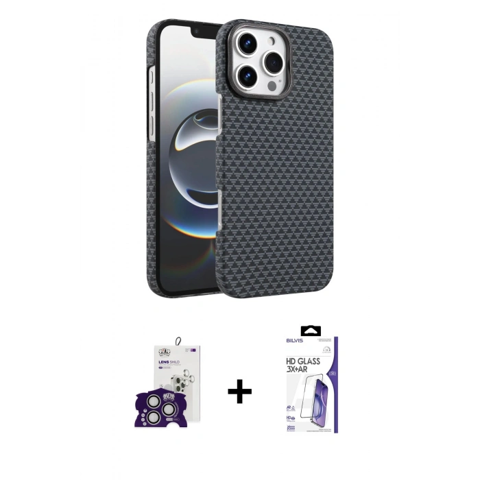 MARSİLYAN™- iPhone 16 Pro Max Kılıf Doruk Serisi - Siyah Bilvis 3X AR HD Cam Ekran Koruyucu + Bilvis Titan Kamera Lens - GS
