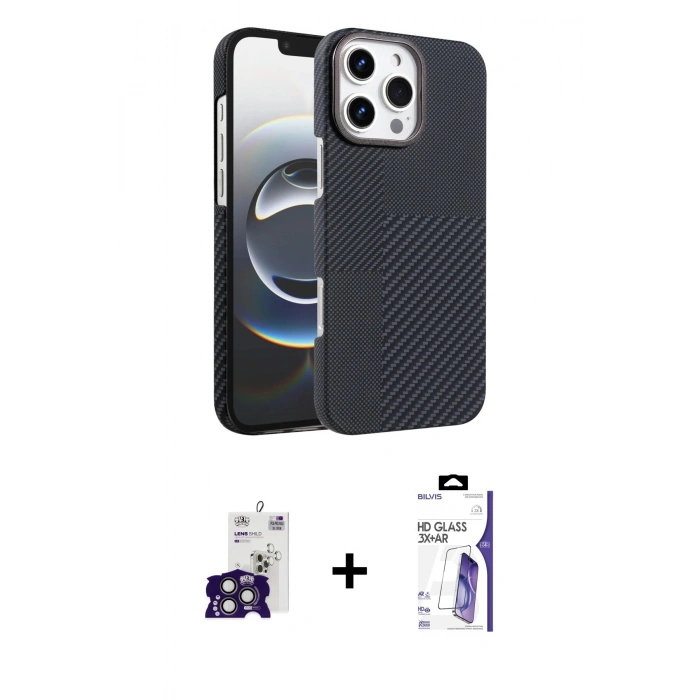 MARSİLYAN™- iPhone 16 Pro Max Kılıf Doruk Serisi - Siyah Bilvis 3X AR HD Cam Ekran Koruyucu + Bilvis Titan Kamera Lens - TMGI