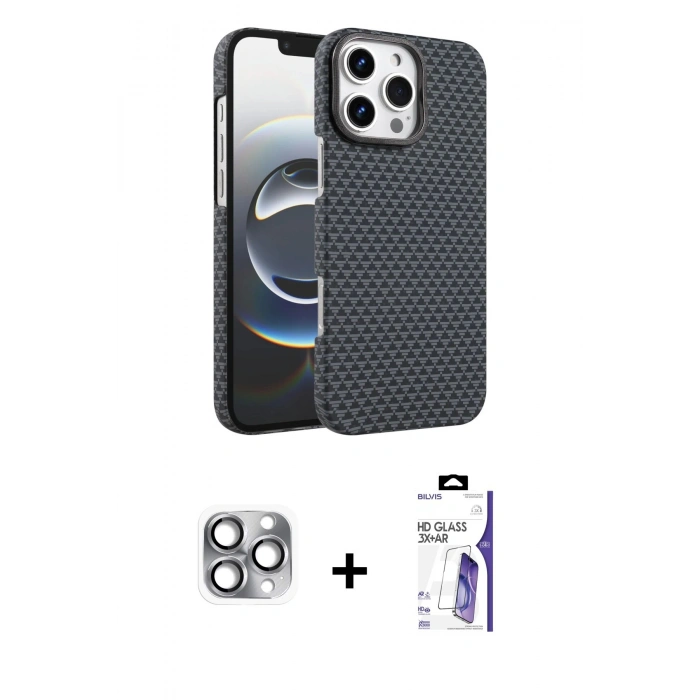 MARSİLYAN™- iPhone 16 Pro Max Kılıf Doruk Serisi - Siyah Bilvis 3X AR HD Cam Ekran Koruyucu + Pers Alüminyum Kamera Lens - GI