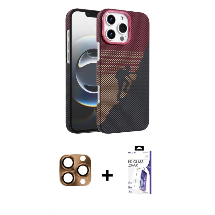 MARSİLYAN™- iPhone 16 Pro Max Kılıf Doruk Serisi - Siyah Bilvis 3X AR HD Cam Ekran Koruyucu + Pers Alüminyum Kamera Lens - CLTM