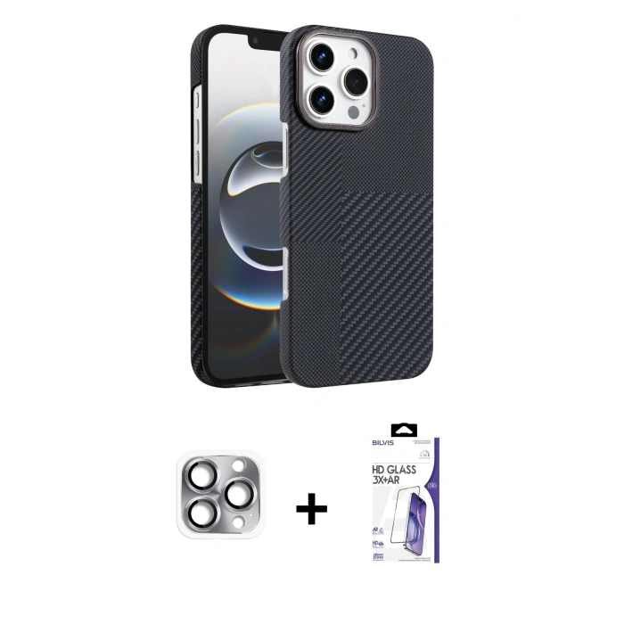MARSİLYAN™- iPhone 16 Pro Max Kılıf Doruk Serisi - Siyah Bilvis 3X AR HD Cam Ekran Koruyucu + Pers Alüminyum Kamera Lens - GI