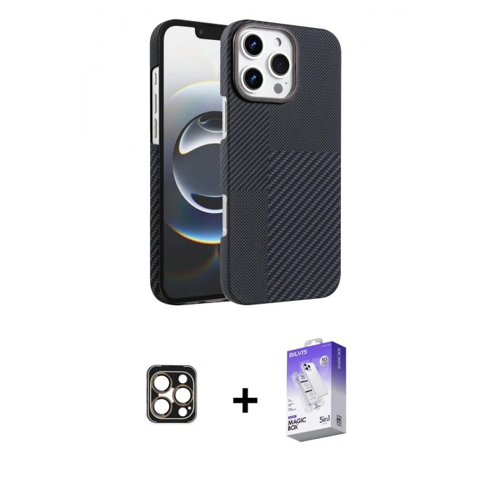 MARSİLYAN™- iPhone 16 Pro Max Kılıf Doruk Serisi - Siyah Bilvis 5in1 3D Magic Cam Ekran Koruyucu + PVD Metal Kamera Lens - GD