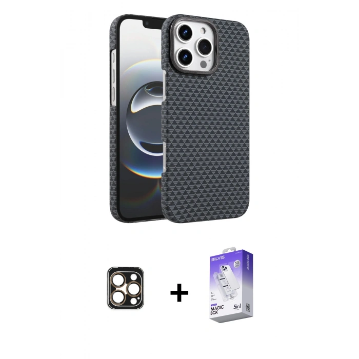MARSİLYAN™- iPhone 16 Pro Max Kılıf Doruk Serisi - Siyah Bilvis 5in1 3D Magic Cam Ekran Koruyucu + PVD Metal Kamera Lens - GD