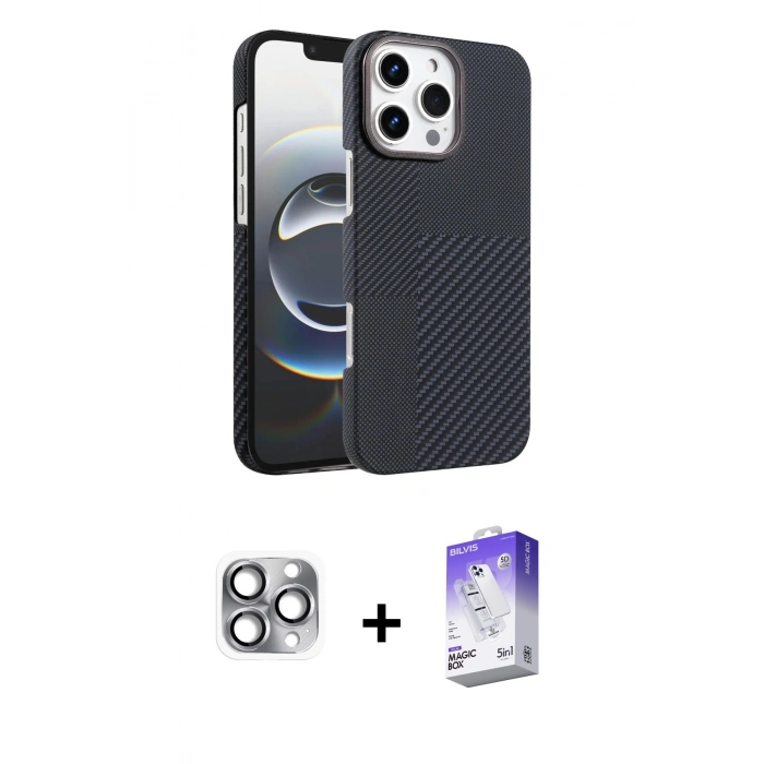 MARSİLYAN™- iPhone 16 Pro Max Kılıf Doruk Serisi - Siyah Bilvis 5in1 3D Magic Cam Ekran Koruyucu + Pers Alüminyum Kamera Lens - GI