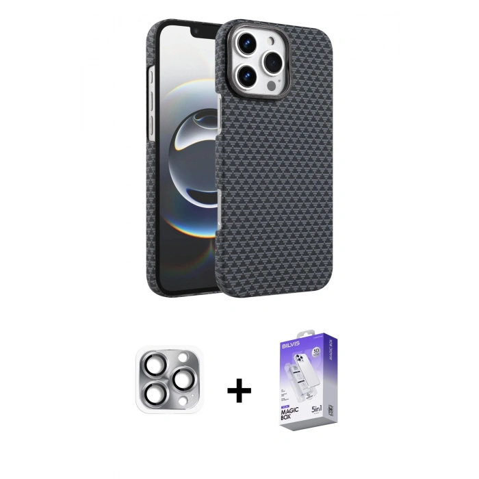MARSİLYAN™- iPhone 16 Pro Max Kılıf Doruk Serisi - Siyah Bilvis 5in1 3D Magic Cam Ekran Koruyucu + Pers Alüminyum Kamera Lens - GI