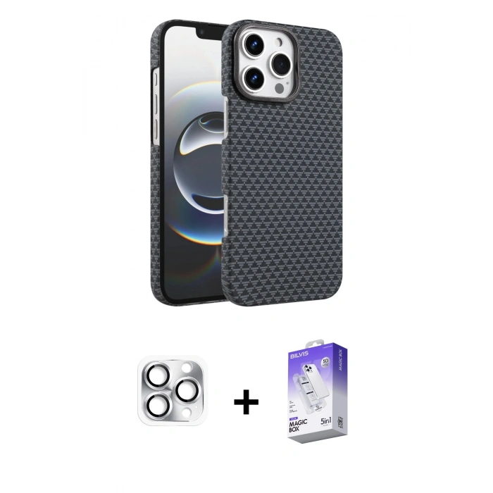 MARSİLYAN™- iPhone 16 Pro Max Kılıf Doruk Serisi - Siyah Bilvis 5in1 3D Magic Cam Ekran Koruyucu + Pers Alüminyum Kamera Lens - GS