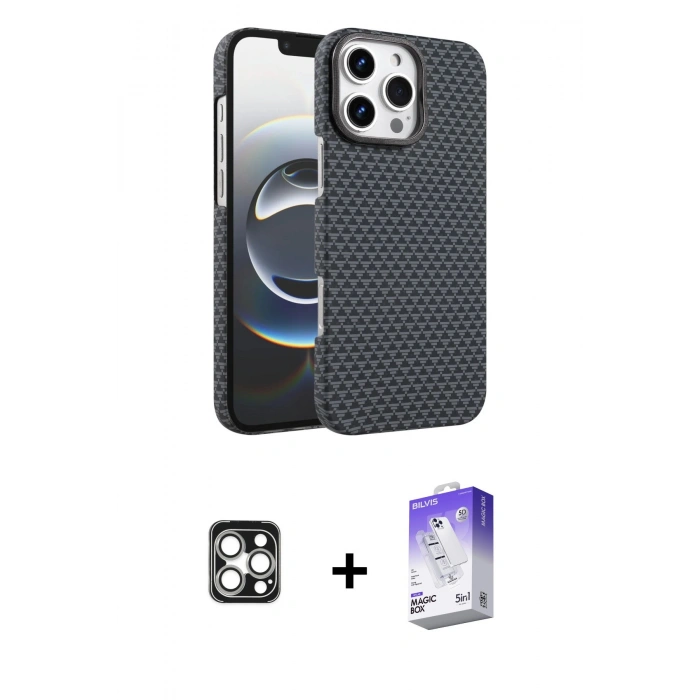 MARSİLYAN™- iPhone 16 Pro Max Kılıf Doruk Serisi - Siyah Bilvis 5in1 3D Magic Cam Ekran Koruyucu + PVD Metal Kamera Lens - GS