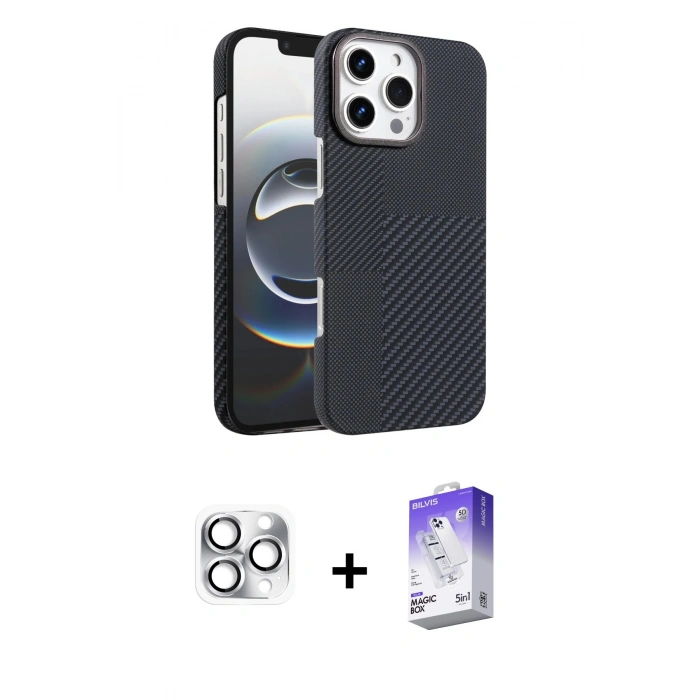 MARSİLYAN™- iPhone 16 Pro Max Kılıf Doruk Serisi - Siyah Bilvis 5in1 3D Magic Cam Ekran Koruyucu + Pers Alüminyum Kamera Lens - GS
