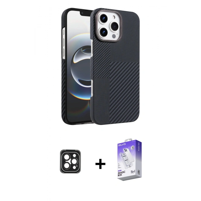MARSİLYAN™- iPhone 16 Pro Max Kılıf Doruk Serisi - Siyah Bilvis 5in1 3D Magic Cam Ekran Koruyucu + PVD Metal Kamera Lens - SH