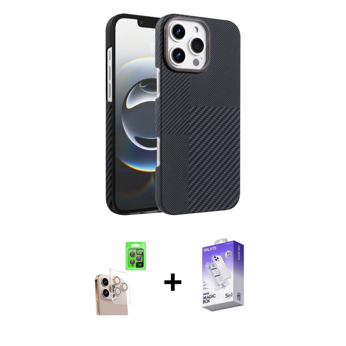 MARSİLYAN™- iPhone 16 Pro Max Kılıf Doruk Serisi - Siyah Bilvis 5in1 3D Magic Cam Ekran Koruyucu + Raze Metal Kamera Lens - NLGY