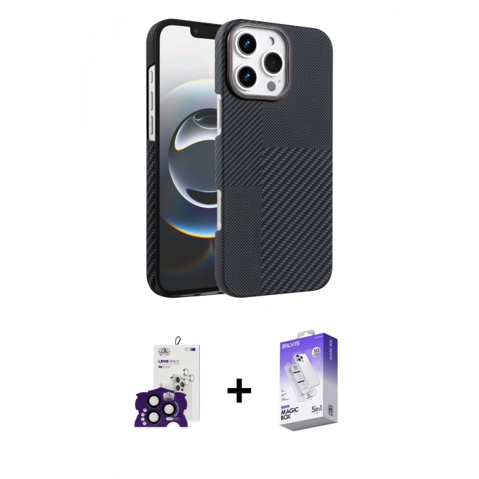 MARSİLYAN™- iPhone 16 Pro Max Kılıf Doruk Serisi - Siyah Bilvis 5in1 3D Magic Cam Ekran Koruyucu + Siyah Bilvis Titan Kamera Lens