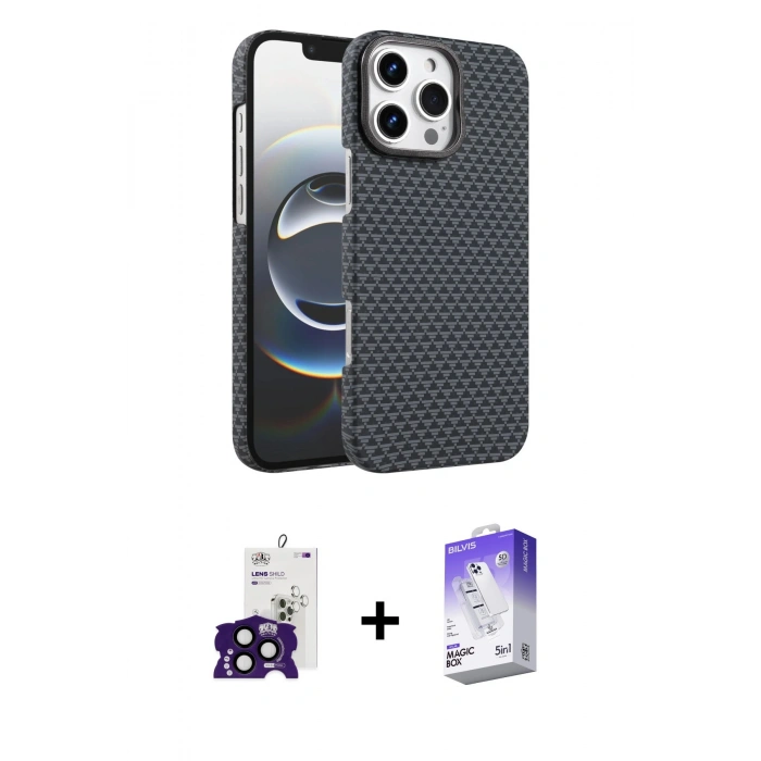 MARSİLYAN™- iPhone 16 Pro Max Kılıf Doruk Serisi - Siyah Bilvis 5in1 3D Magic Cam Ekran Koruyucu + Siyah Bilvis Titan Kamera Lens