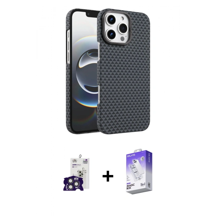 MARSİLYAN™- iPhone 16 Pro Max Kılıf Doruk Serisi - Siyah Bilvis 5in1 3D Magic Cam Ekran Koruyucu + Bilvis Titan Kamera Lens - TMGI