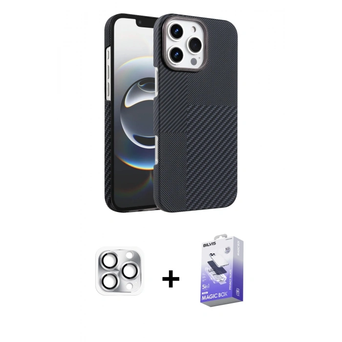 MARSİLYAN™- iPhone 16 Pro Max Kılıf Doruk Serisi - Siyah Bilvis 5in1 5D Magic Hayalet Cam Ekran Koruyucu + Pers Alüminyum Kamera Lens - GS