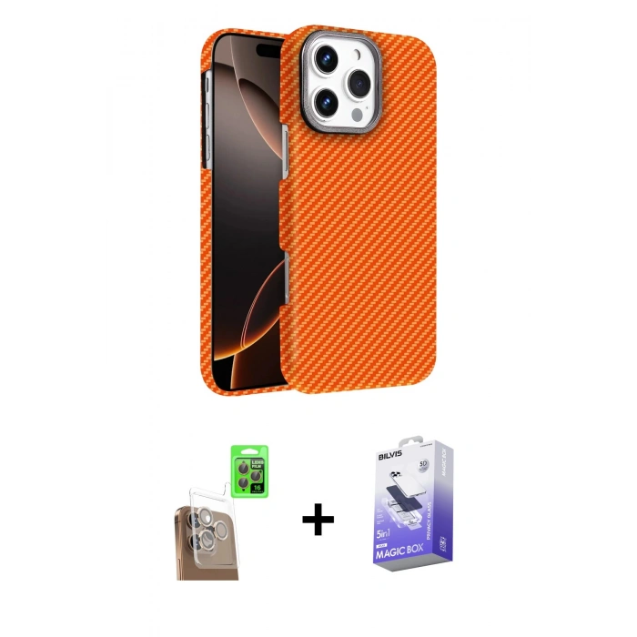 MARSİLYAN™- iPhone 16 Pro Max Kılıf Doruk Serisi - Siyah Bilvis 5in1 5D Magic Hayalet Cam Ekran Koruyucu + Raze Metal Kamera Lens - CLTM