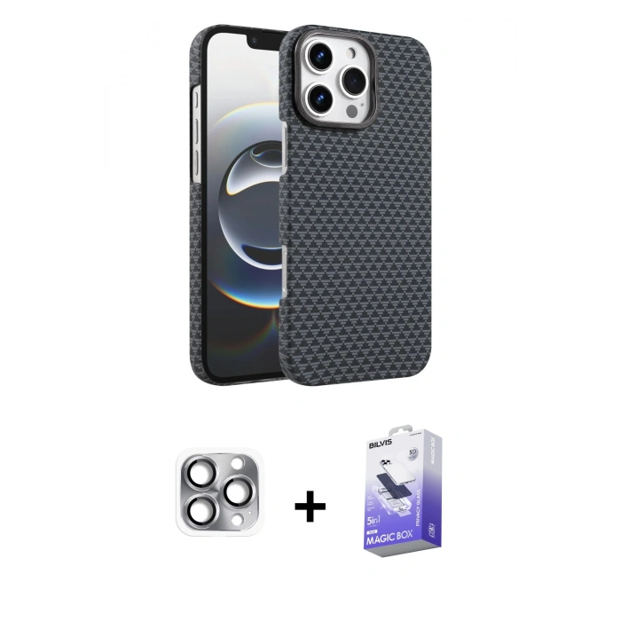 MARSİLYAN™- iPhone 16 Pro Max Kılıf Doruk Serisi - Siyah Bilvis 5in1 5D Magic Hayalet Cam Ekran Koruyucu + Pers Alüminyum Kamera Lens - GI