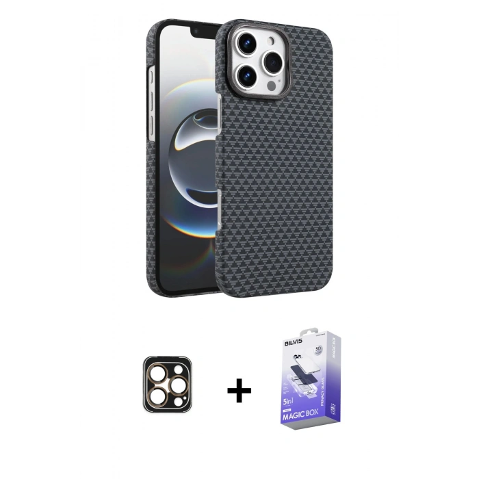 MARSİLYAN™- iPhone 16 Pro Max Kılıf Doruk Serisi - Siyah Bilvis 5in1 5D Magic Hayalet Cam Ekran Koruyucu + Gold PVD Metal Kamera Lens