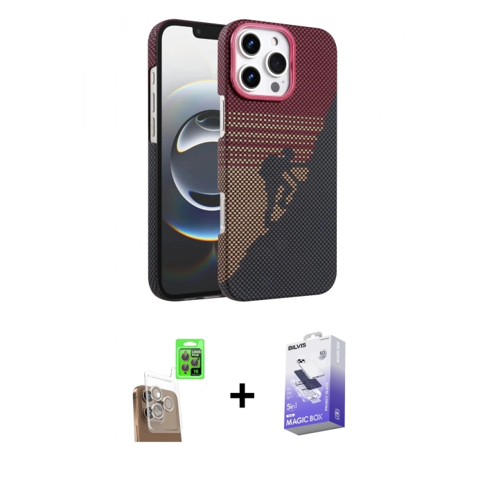 MARSİLYAN™- iPhone 16 Pro Max Kılıf Doruk Serisi - Siyah Bilvis 5in1 5D Magic Hayalet Cam Ekran Koruyucu + Raze Metal Kamera Lens - CLTM