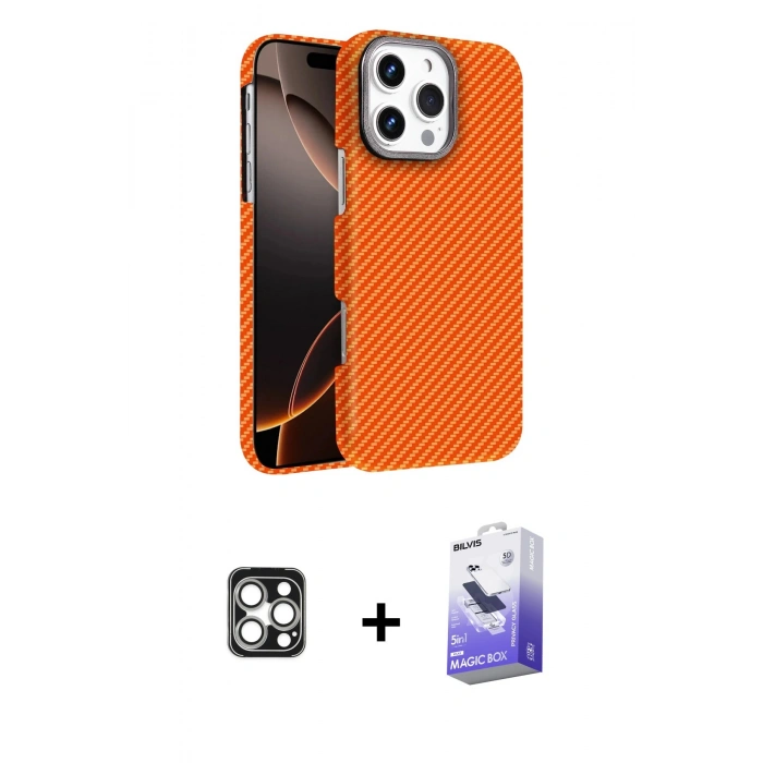 MARSİLYAN™- iPhone 16 Pro Max Kılıf Doruk Serisi - Siyah Bilvis 5in1 5D Magic Hayalet Cam Ekran Koruyucu + PVD Metal Kamera Lens - GS