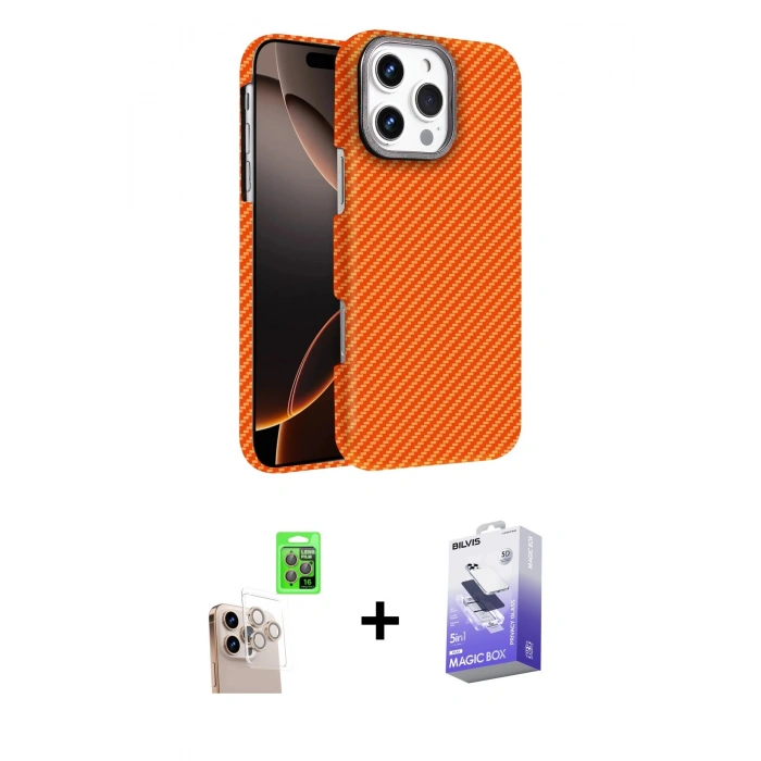 MARSİLYAN™- iPhone 16 Pro Max Kılıf Doruk Serisi - Siyah Bilvis 5in1 5D Magic Hayalet Cam Ekran Koruyucu + Natural Grey Raze Metal Kamera Lens