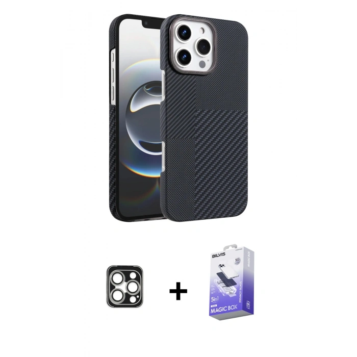 MARSİLYAN™- iPhone 16 Pro Max Kılıf Doruk Serisi - Siyah Bilvis 5in1 5D Magic Hayalet Cam Ekran Koruyucu + PVD Metal Kamera Lens - GS