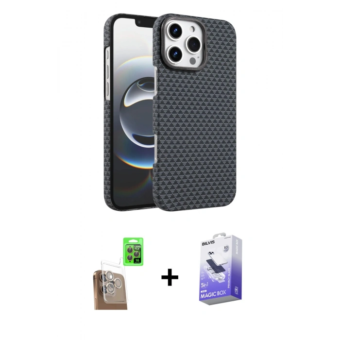 MARSİLYAN™- iPhone 16 Pro Max Kılıf Doruk Serisi - Siyah Bilvis 5in1 5D Magic Hayalet Cam Ekran Koruyucu + Raze Metal Kamera Lens - CLTM