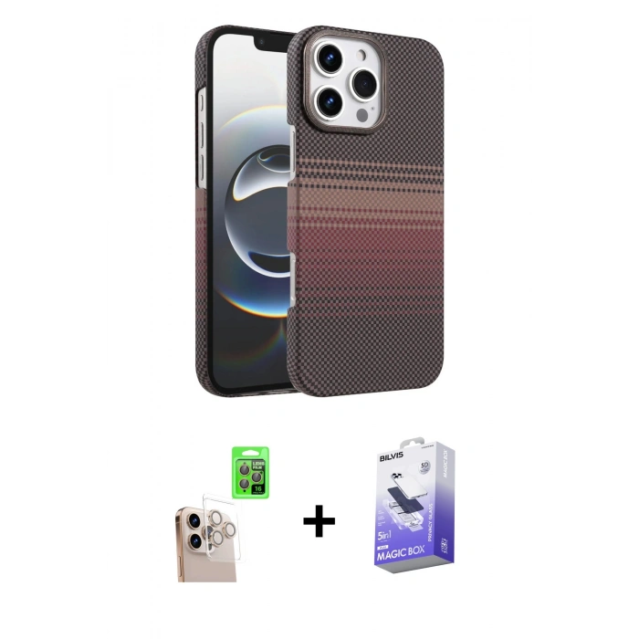 MARSİLYAN™- iPhone 16 Pro Max Kılıf Doruk Serisi - Siyah Bilvis 5in1 5D Magic Hayalet Cam Ekran Koruyucu + Natural Grey Raze Metal Kamera Lens