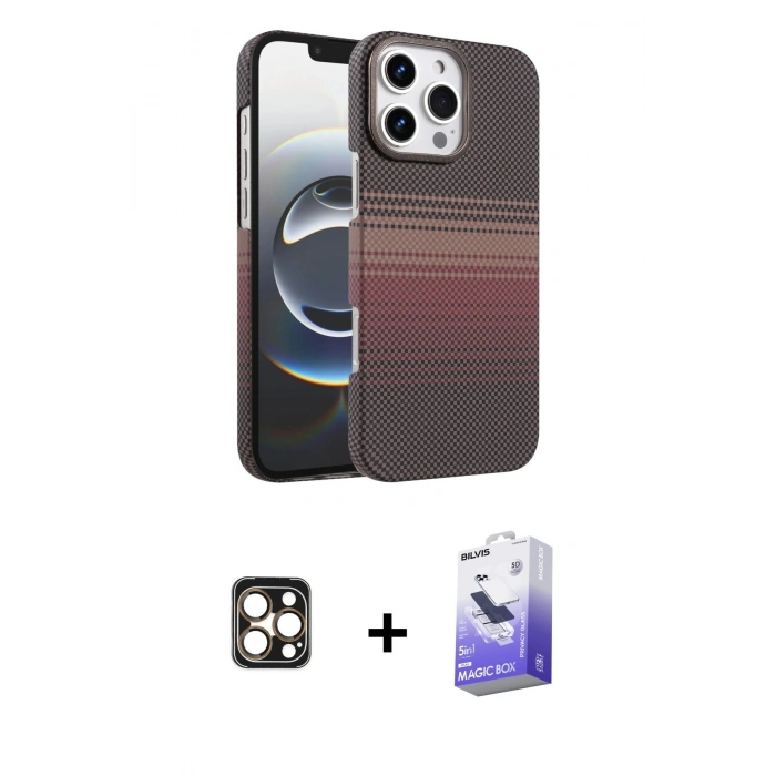 MARSİLYAN™- iPhone 16 Pro Max Kılıf Doruk Serisi - Siyah Bilvis 5in1 5D Magic Hayalet Cam Ekran Koruyucu + Gold PVD Metal Kamera Lens